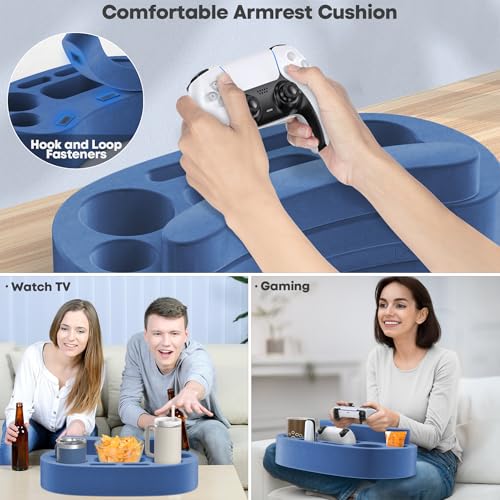 Couch Cup Holder Pillow with 6 Slots, Couch Organizer Caddy & Buddy with Customized Game Controller Hole & Armrest Pads, Removable & Washable Drink Pillow Gamer Gift for Remote, Phone, Snack