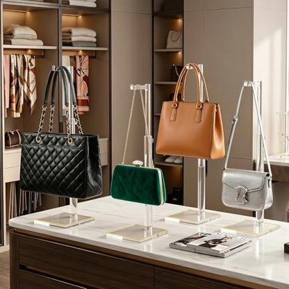 4Pcs Acrylic Purse Display Stands, 14"-24" Adjustable Height Handbag Holder with Anti-Slip Gold Trim Base, Standing Hooks for Necklace Scarf Medal Pocket Watch, Elegant Clear Rack for Closet Retail Boutique Counter