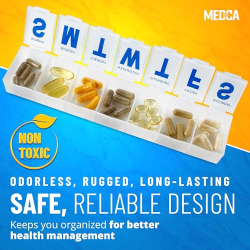 Weekly Pill Organizer - 7-Day Pill Planner Extra Large Pill Planner and Daily Pill Organizer and Medicine Reminder, Monday to Sunday Compartments - BPA Free - Travel Pill Box Case (Pack of 4)