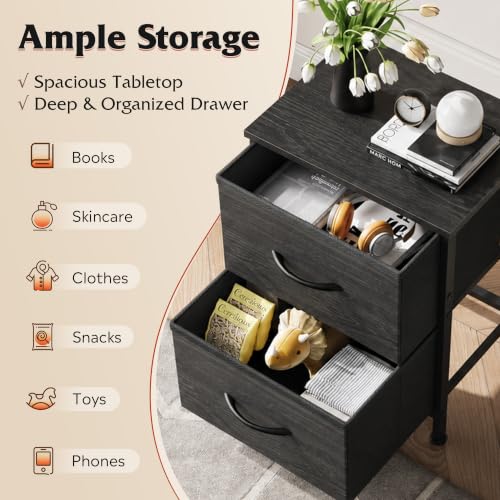 WLIVE Night Stand, Small Dresser with 2 Drawers & Wooden Top, Nightstand with Fabric Bins, Bedside Table End Table for Bedroom, Closet, Entryway, College Dorm, Charcoal Black | Nightstand with Fabric Bins, Bedside Table End Table for Bedroom, Kids Room