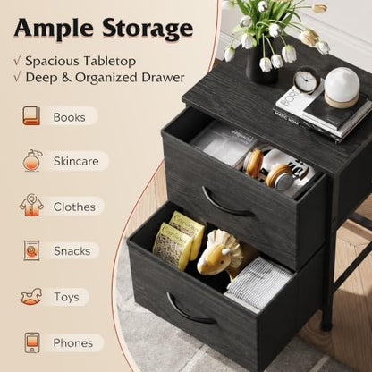 WLIVE Night Stand, Small Dresser with 2 Drawers & Wooden Top, Nightstand with Fabric Bins, Bedside Table End Table for Bedroom, Closet, Entryway, College Dorm, Charcoal Black | Nightstand with Fabric Bins, Bedside Table End Table for Bedroom, Kids Room