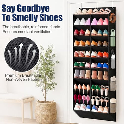 20-30 Pairs Over the Door Shoe Organizer with Side Mesh Pockets, 10-Tier Hanging Shoe Storage for Closet, Breathable Door Shoe Rack Holds Sneakers, Boots, Heels & Daily Essentials, Black