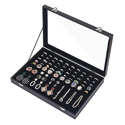 Ring Holder Organizer Box, Jewelry Display Case, Earring Necklace Storage Tray With Top Glass Lid (Black, 100 Slots)