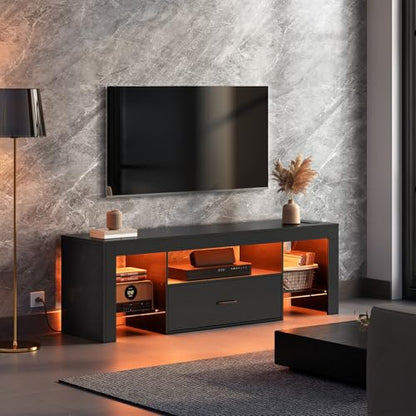 HOOBRO LED TV Stand with Power Outlets to 65 inch TV, Gaming Entertainment Center with Glass Shelves and Large Drawer, Modern Media TV Console Table for Living Room Bedroom, Black BB14UDDS01G1