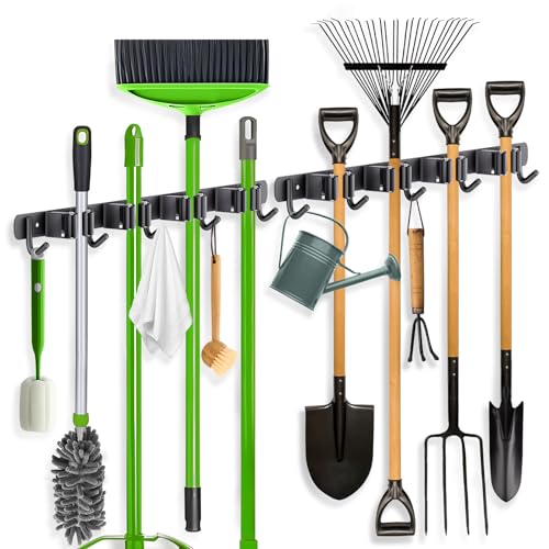 ZONGOOL 2 Pack Mop Broom Holder Wall Mount 4 Racks 5 Hooks Storage Black | 304 Rustproof Stainless Steel Broom Hanger, Non-Slip Wall Mount Organizer, Space Saving For Kitchen, Laundry, Garden