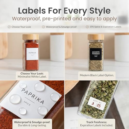 SAVVY & SORTED Glass Spice Jars with Label, 24PK Bamboo Jar Spices Set 4oz, 374 Spice Labels, Pepper Grinder, Empty Herb Seasoning Containers, Funnel and Shaker Lids