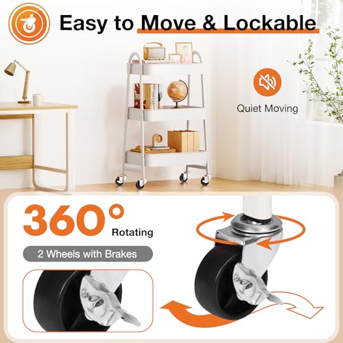 3-Tier Metal Rolling Cart with Lockable Wheels, He... (White | Metal)
