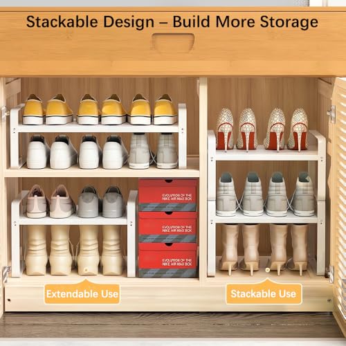 2-Pack Expandable Shoe Rack, Closet Organizer, 7" High, 15"-24" | Set of 2 1-Tier Metal Shelves; Adjustable Width Design; Compact Heavy-Duty Storage for Entryway, Bedroom & Small Spaces
