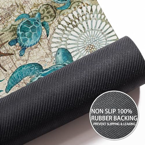Extra Long Bath Rug, Blue Vintage Sea Turtle Decor Non Slip Bath Runner Rug with Rubber Backing, Thin Absorbent Quick Dry Bath Mats for Bathtub Bathroom Kitchen, 15.7x47.2 inch