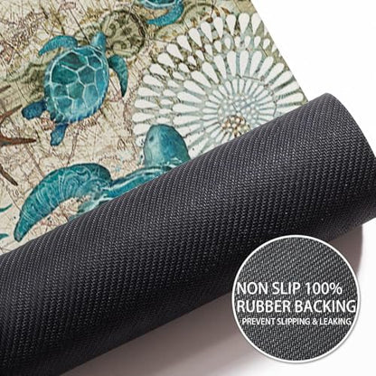 Extra Long Bath Rug, Blue Vintage Sea Turtle Decor Non Slip Bath Runner Rug with Rubber Backing, Thin Absorbent Quick Dry Bath Mats for Bathtub Bathroom Kitchen, 15.7x47.2 inch