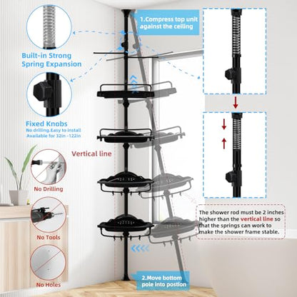 32-122inch Corner Shower Caddy Tension Pole Black, Rustproof Drill-Free Shower Shelves for Bathroom Bathtub Washbasin, Adjustable Shower Organizer with 4 Tier Patent Stable Shelves & Towel Bars