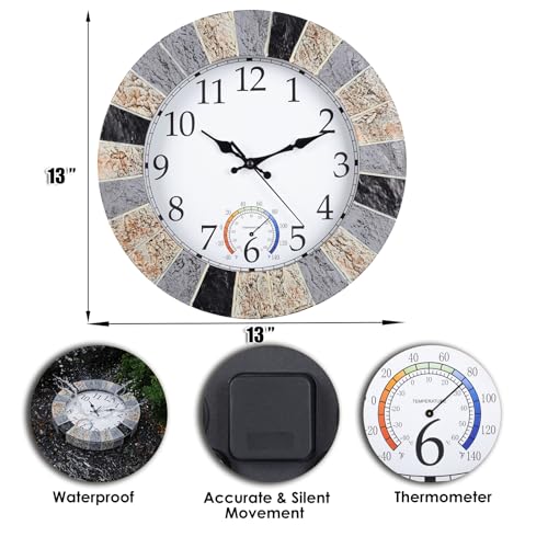 Outdoor Clock Waterproof with Thermometer, 13 Inch Silent Rustic Resin Wall Clock Weatherproof Decor for Patio Pool Garden Porch, Faux-Stone Brown