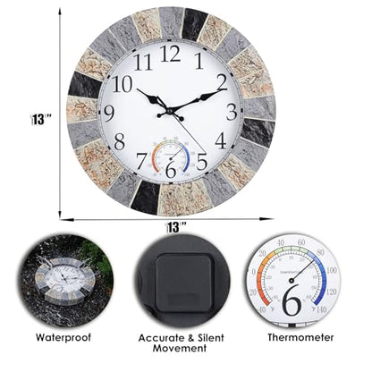 Outdoor Clock Waterproof with Thermometer, 13 Inch Silent Rustic Resin Wall Clock Weatherproof Decor for Patio Pool Garden Porch, Faux-Stone Brown