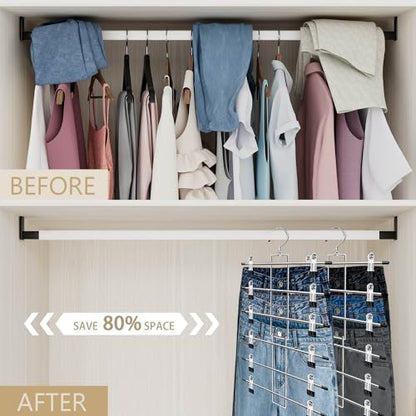 Pants Hangers with Clips,Space Saving Hanging Closet Organizer-6 Tiers Skirt Hangers with 360° Swivel Hook,Closet Organizer-Clothes Hangers- College Dorm Essentials Apartment Essentials- 4 Pack