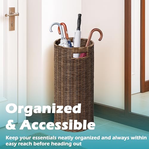 Rattan Umbrella Holder 21"H X 10"D, Handmade Wicker Umbrella Stand Indoor with Dip Tray, Sturdy Umbrella Holders for Entryway, Umbrella Bucket Fits Mudroom,Walking Canes,Home,Office (Brown)