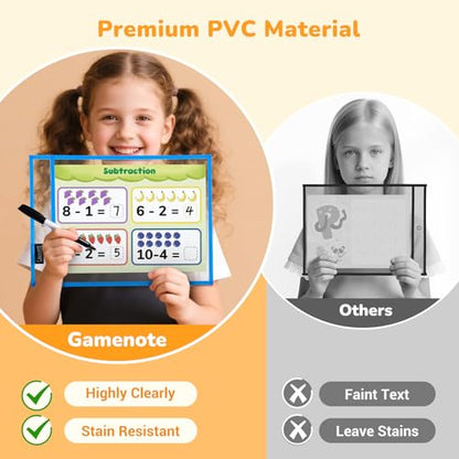 GAMENOTE 30 Pack Dry Erase Pockets, 10x14 Reusable Sleeves, 10 Colors | 30 reusable PVC pockets hold 8.5 x 11 and 9 x 12 sheets; double sided wipe clean surfaces, pen loops, eyelets, and 5 rings