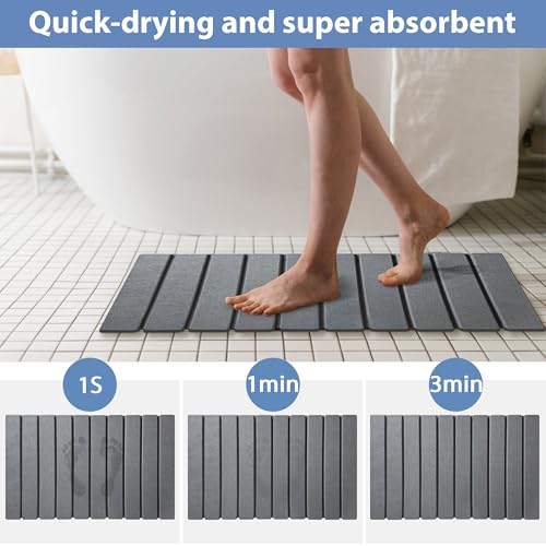 Foldable Stone Bath Mat, Quick Drying Diatomaceous Earth Shower Mat with Non-Slip Rubber Backing, 23.6 x 15.4 inch, Super Absorbent Stone Mat for Bathroom Floor, Easy to Clean