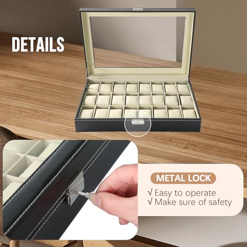 24 Slots Watch Box, Watch Display Organizer for Men Women | Loackable with Keys, Visible Glass Top, PU Leather Display Storage Collection, Watch Case with Removable Pillows, Modern