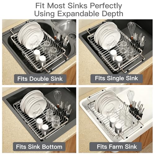 Dish Drying Rack Over The Sink with Utensil Holder | Expandable Stainless Steel Dish Drainer for Small Kitchen, Apartment, RV, Counter Space Saving, Perfect Fit, Rustproof