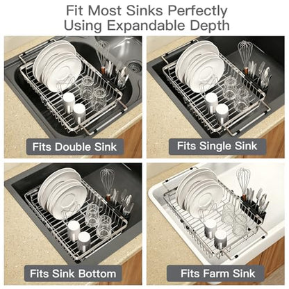 Dish Drying Rack Over The Sink with Utensil Holder | Expandable Stainless Steel Dish Drainer for Small Kitchen, Apartment, RV, Counter Space Saving, Perfect Fit, Rustproof