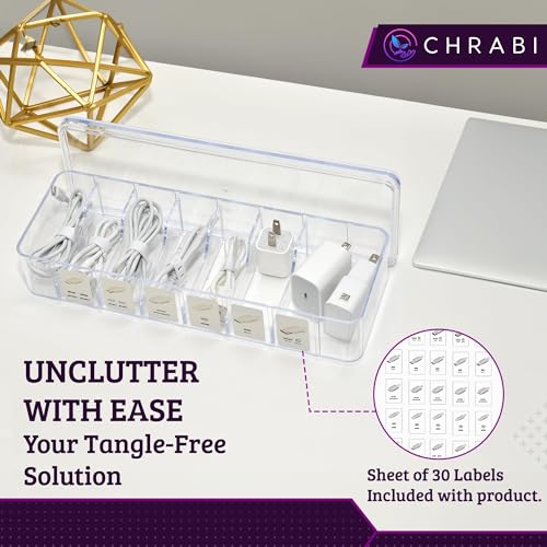 Set of 3 Cable Organizer Box W/Labels - Charger Box, Stackable W/Lids-Cord Organizer Junk Drawer- Cord Storage Box for Desk -Cable Organizer case, Multiuse Organizer
