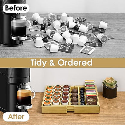 Bamboo K Cup Holder, Compatible with Nespresso Vertuo Capsules | 25-45 K Cup Drawer Organizer, Expandable K Pods Storage Tea bag organizer for Home Office and Kitchen