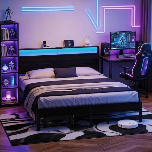 King Size Bed Frame with LED Lights and Charging Station | Black Metal Platform Bed with Wood Headboard, Sturdy Slats, No Box Spring Needed, Noise Free, Easy Assembly