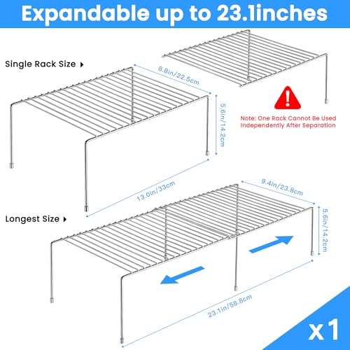 Tomorotec Expandable Kitchen Cabinet Organizer Stainless Steel Shelf Silver | Adjustable from 12.8 to 22.8 Inches Rustproof with Anti-Slip Feet for Pantry Bathroom Closet and Countertop Organization