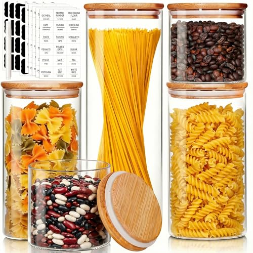 HomArtist Glass Jars with Bamboo Lids [Muti Size Set of 5], Glass Canisters with Airtight Lids, Glass Food Storage Containers for Pasta, Oats, Coffee, Flour, Sugar, Rice, Best for Kitchen & Pantry