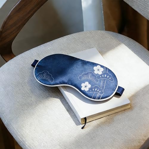 100% Mulberry Silk Sleep Mask with Eye Steam Pocket and Velvet Elastic Band, Luxury 22mm Silk Eye Mask for Nap Sleeping Relaxation and Traveling, Gift Package, Cherry Blossom Blue