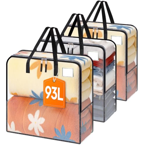 93L Moving Bags, Heavy Duty Clear Storage Bag with Strong Zippers & Handles | Large Foldable Storage Containers for Dorm Moving, Seasonal Clothing Storage, Clothes, Bedding and Blankets, 3 Pack