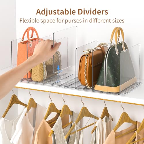 GoMaihe Purse Organizer for Closet: Adjustable Clear Handbag Storage Shelf | Plastic Clutch Dividers | Minimal | Keep Purses upright