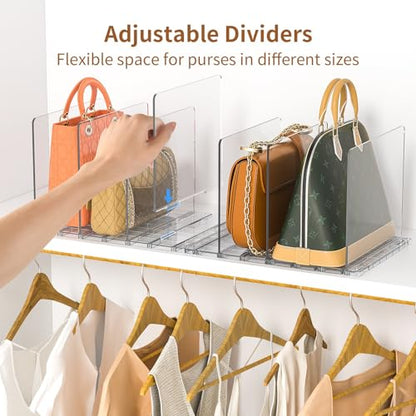 GoMaihe Purse Organizer for Closet: Adjustable Clear Handbag Storage Shelf | Plastic Clutch Dividers | Minimal | Keep Purses upright