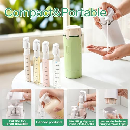4 in 1 Travel Dispenser Bottle Essentials Camping Toiletries Pump TSA Approved Leak Proof Size Portable Containers Refillable for Shampoo Lotion Creams Body Wash Conditioner Attached Label (Green)