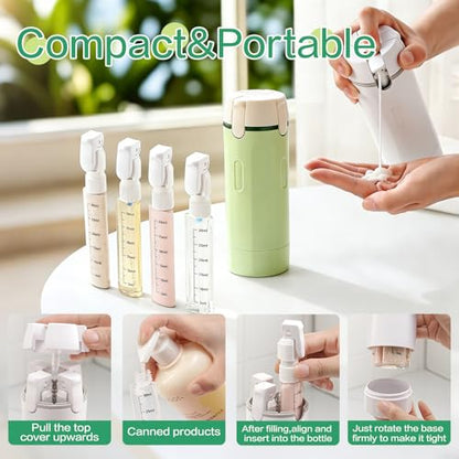 4 in 1 Travel Dispenser Bottle Essentials Camping Toiletries Pump TSA Approved Leak Proof Size Portable Containers Refillable for Shampoo Lotion Creams Body Wash Conditioner Attached Label (Green)