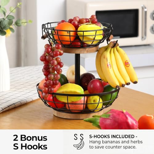 2-tier Fruit Basket Bowl,Metal Basket with Wooden Base,Fruit and Vegetable Storage with Banana Hanger,Fruit Basket for Kitchen Counter Organizer.