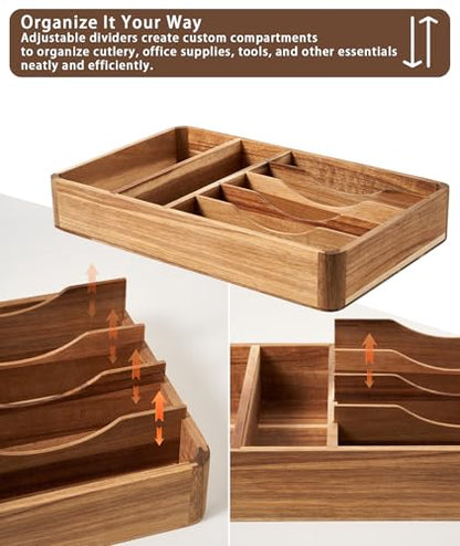 Silverware Drawer Organizer, Acacia Wood Tray for Cutlery & Flatware | Fixed 10.5" Wide, 7-Compartment Utensil Holder for Forks & Spoons