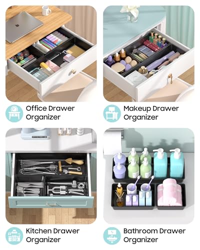 10 Pack Large Size Plastic Drawer Organizers Set, 3 Sizes Desk Drawer Organizer Trays, Storage Bins for Vanity, Makeup, Bathroom, Kitchen Utensils and Office (Black)