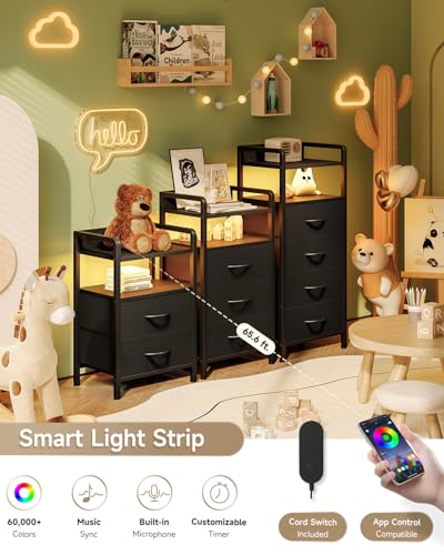 Nightstand with Rear Charging Station, LED Light, 2 Drawers, Black | Industrial Nightstand, 2 USB-A Ports & AC Outlets, Raised Back Guard, Fabric Storage Drawers, Bedside Table for Bedroom, Dorm