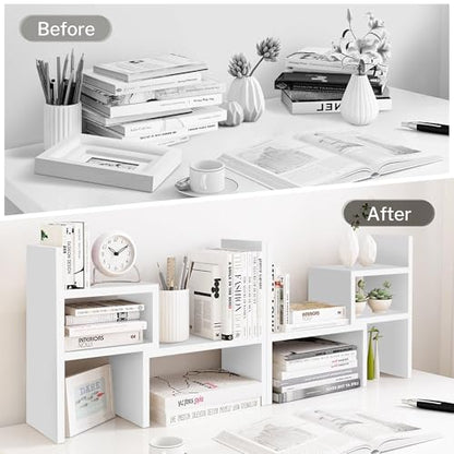 Desktop Organizer Office Storage Rack Adjustable W... (White | Engineered Wood)
