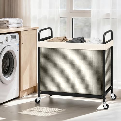 STORAGE MANIAC Rolling Laundry Hamper with Wheels 3-Section Laundry Sorter Rolling Laundrys Basket on Wheels with Removable Bag Clothes Hamper Laundrys Organizer Cart Bathroom Bedroom 120L Beige