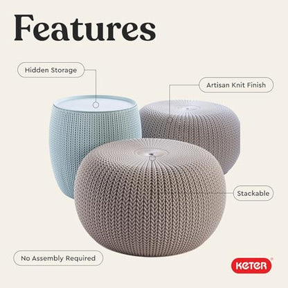 Keter Urban Knit Pouf Ottoman Set of 2 with Storage Table for Patio and Room Décor - Perfect for Balcony, Deck, and Outdoor Seating, Misty Blue & Taupe