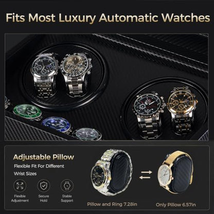 Watch Winder for Automatic Watches, Automatic Watch Winder | 4 Watch Winder with 6 Slots, Carbon Fiber Finish, Ultra-Quiet Japanese Motor, Adjustable Pillows, Present Box Packaging