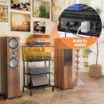 Game Console Shelf, 4-Tier Video Gaming Consoles Stand with Outlet & RGB Light, Small Media Entertainment Center for Audio Stereo Storage Organizer Playroom Furniture, Stereo Stands and Racks