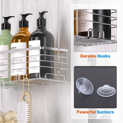 YUOROS 304 Stainless Steel Shower Caddy Hanging (Silver) | Over the Door Shower Organizer Rack Rustproof Bathroom Storage Shampoo Holder Basket
