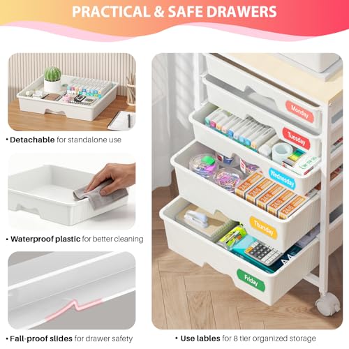 Rolling Cart with 5 Drawers for Craft, Art, Dorm, Office, White | Utility Cart Organizer With 5 Removable Drawers and Wooden Tabletop, Lockable Rolling Storage Organizer for Classroom, Home