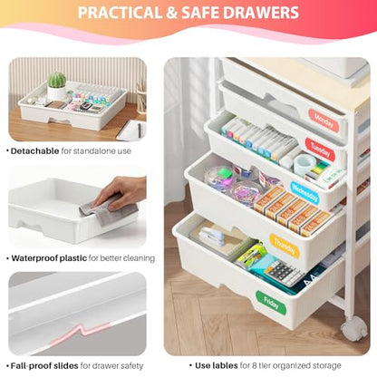 Rolling Cart with 5 Drawers for Craft, Art, Dorm, Office, White | Utility Cart Organizer With 5 Removable Drawers and Wooden Tabletop, Lockable Rolling Storage Organizer for Classroom, Home