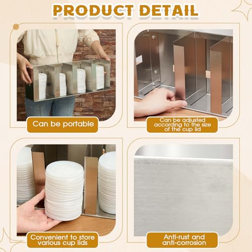 Hicarer 4 Compartments Stainless Steel Cup Dispenser with Adjustable Dividers Silver Cup and Lid Holder Lid Organizer Storage for Cabinet Kitchen Cafe Tea Shop Restaurant, Silver