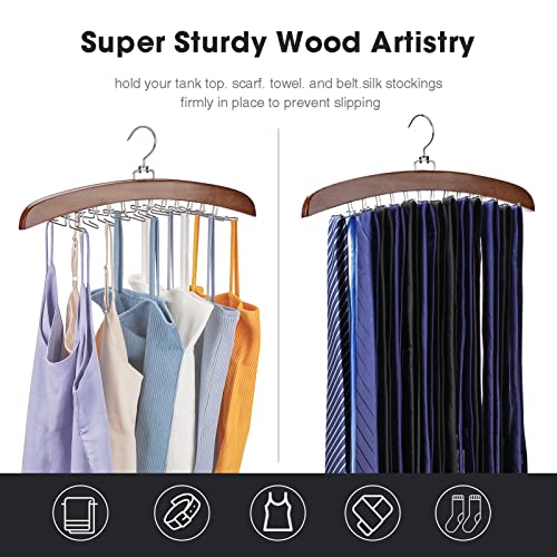 Tie Rack 2Pcs Tie Racks for Men Closet 24 Hooks, Wooden Tie Organizer with Upgraded 360°Rotating, Scarves Accessories Closet Organizer for Bras,Tank Tops,Camisoles etc.Walnut…