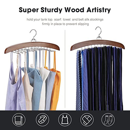 Tie Rack 2Pcs Tie Racks for Men Closet 24 Hooks, Wooden Tie Organizer with Upgraded 360°Rotating, Scarves Accessories Closet Organizer for Bras,Tank Tops,Camisoles etc.Walnut…